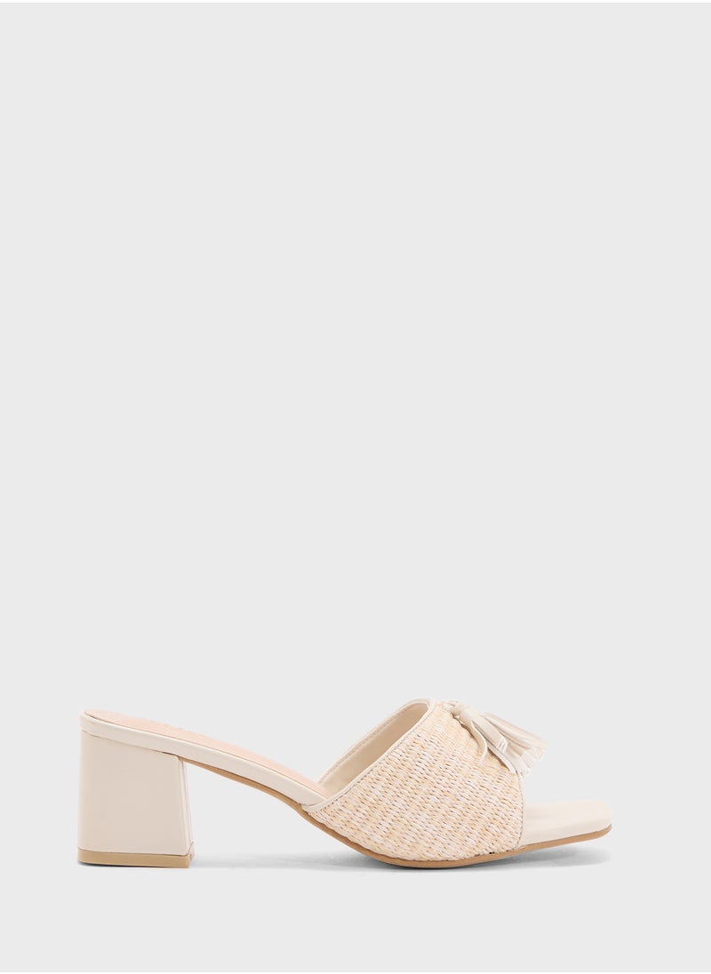 Rafia Tassel Detail Block Heel Sandal