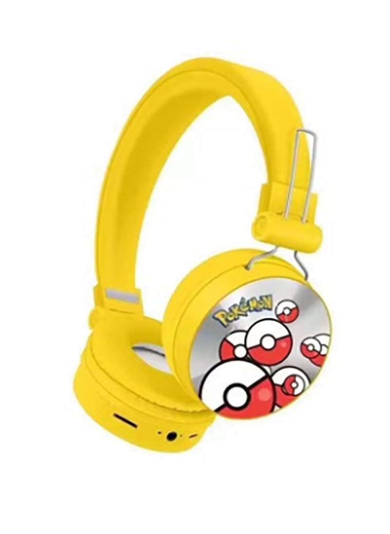 Yellow Pikachu pattern Bluetooth wireless headphones for children, folding headphones for children's noise reduction, suitable for children's stereo headphones for TF cards, mobile phones, tablets