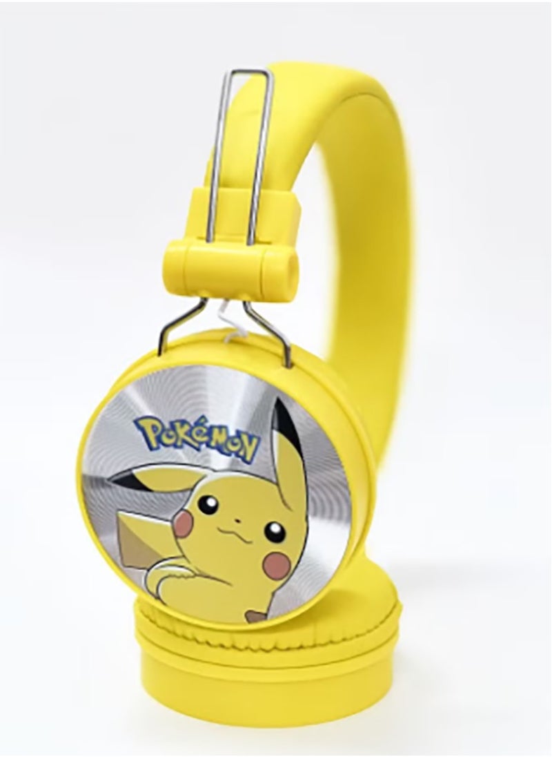 Yellow Pikachu pattern Bluetooth wireless headphones for children, folding headphones for children's noise reduction, suitable for children's stereo headphones for TF cards, mobile phones, tablets