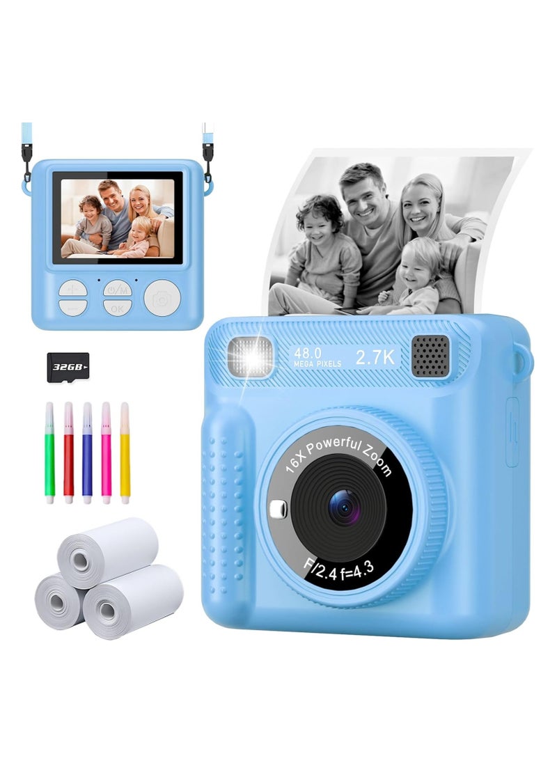 Camera for Kids Instant Print,Portable Camera with 32G Card & 1080p Video,Print Paper,Instant Print Camera with Color Pens for DIY,Over 3 Years Old for Boys Girls Birthday Gifts (Blue)
