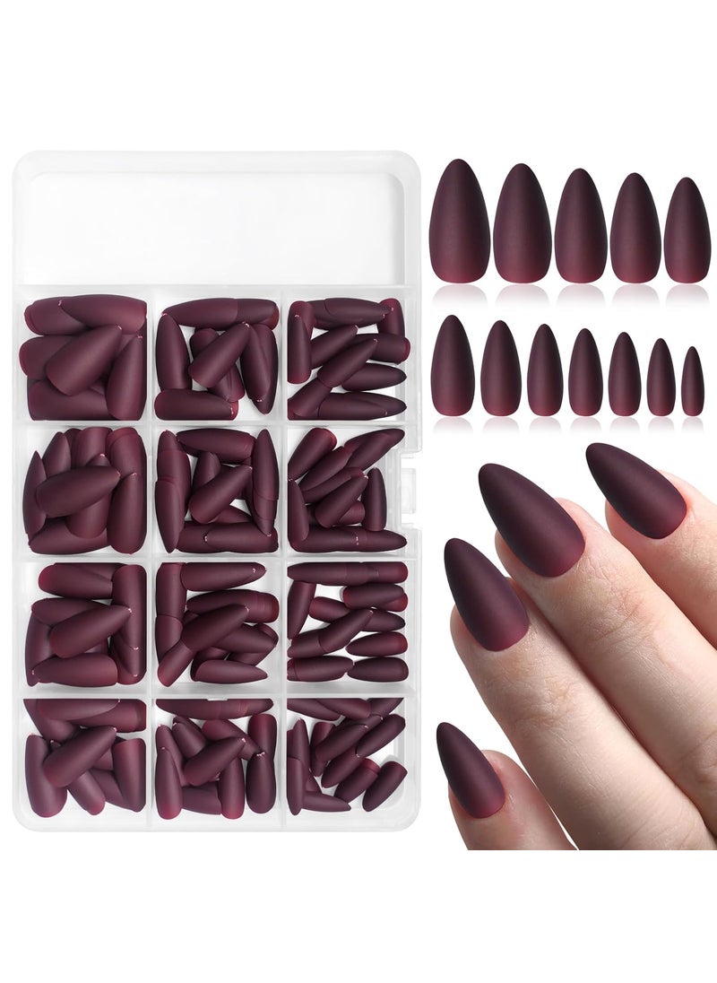 240PC Almond Press on Nails Medium Fake Nails Matte Burgundy Acrylic Nails Press on Nail Almond Short Stiletto False Nail Tips Colored Artificial Fingernail & Glue Ahdesive Tabs for Women