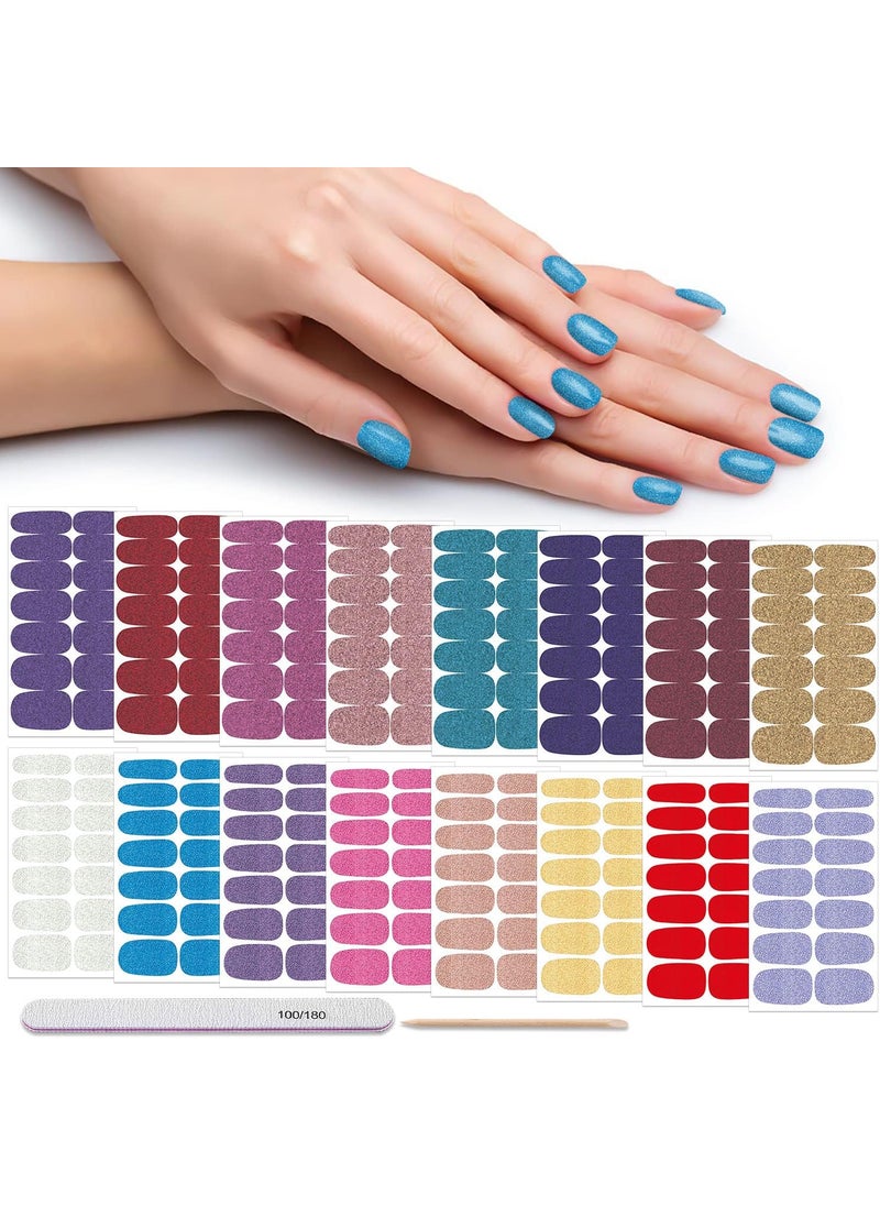 DANNEASY 16 Sheets Nail Polish Stickers Full Nail Wraps Self Adhesive Nail Polish Strips for Women Girl Nail Art Gel Nail Strips with 1pc Nail File, Cuticle Stick (Glitter Series)