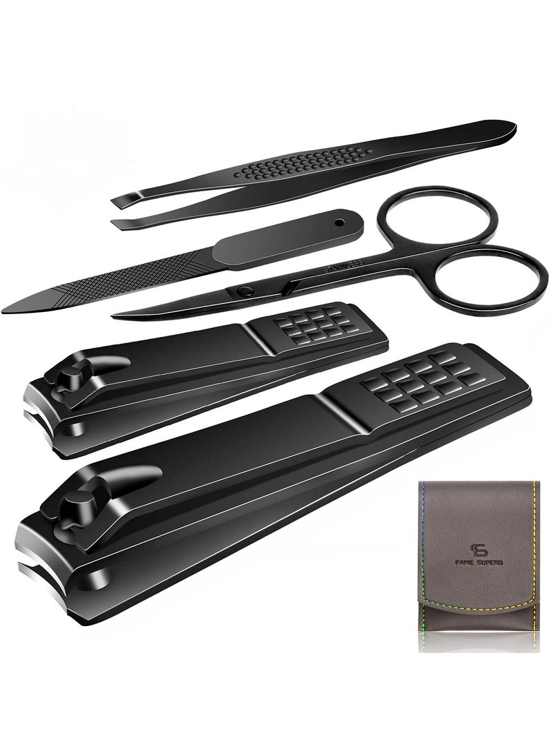 Manicure Pedicure Kit Nail Clippers Set Fingernails & Toenails Vibrissac Scissor 5 Pieces Best Care Tools for Man & Women with Travel Case (Gray/Black_A) (Gray/Black_A)