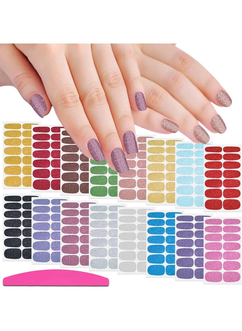 SILPECWEE 16 Sheets Nail Polish Stickers Glitter Nail Wraps Stick on Nail Polish Strips Self Adhesive Gel Nail Strips Sticker Nails for Women with Nail File (Trendy Style)