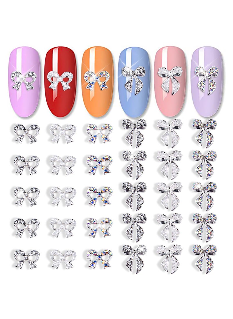 JERCLITY 30 Pieces Silver Bow Nail Charms Alloy Bow Charms Gems for Nails Bowknot Nail Studs Inlaid Pearl Clear Iridescent Rhinestone for Women Girls Nail Art