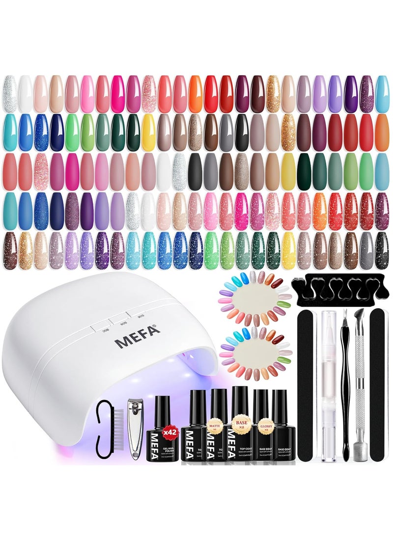 MEFA 60 Pcs Gel Nail Polish Kit with U V Light, 42 Colors All Seasons Collection Easter Colorful Gel Polish Essential Set with 5 Psc Matte/Glossy Base Top Coat, Cuticle Remover, Salon Gifts for Women
