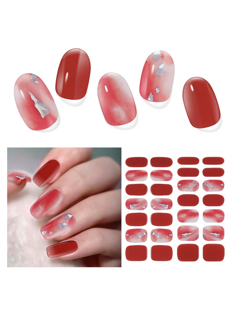 28pcs Semi Cured Gel Nail Strips, Gel Nail Stickers Kit Work with Any UV Nail Lamps, Long Lasting Gel Nail Wraps for Girl Women, Includes Prep Pads, Nail File & Wood Stick(Scarlet Meteor)