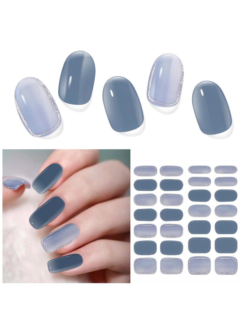 28pcs Semi Cured Gel Nail Strips, Gel Nail Stickers Kit Work with Any UV Nail Lamps, Long Lasting Gel Nail Wraps for Women, Includes Prep Pads, Nail File & Wood Stick(Blue Horizon)