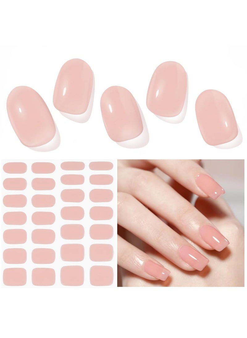 Semi Cured Gel Nail Strips, 28 pcs Gel Nail Strips Work with Any UV Lamp, Long Lasting Gel Nail Stickers Full Nail Wraps, Salon Quality, Easy to Apply for Wedding(Sakura Powder)