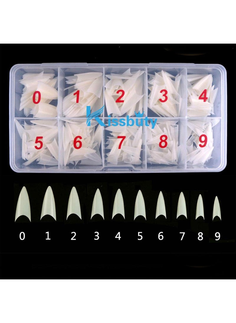 Kissbuty 500 PCS Stiletto Nails Natural Color Sharp Ending False Acrylic Nail Art Tips 10 Sizes With Box Perfect Length for Nail Salons and DIY Nail Art at home (Natural Stiletto Nail Tips)