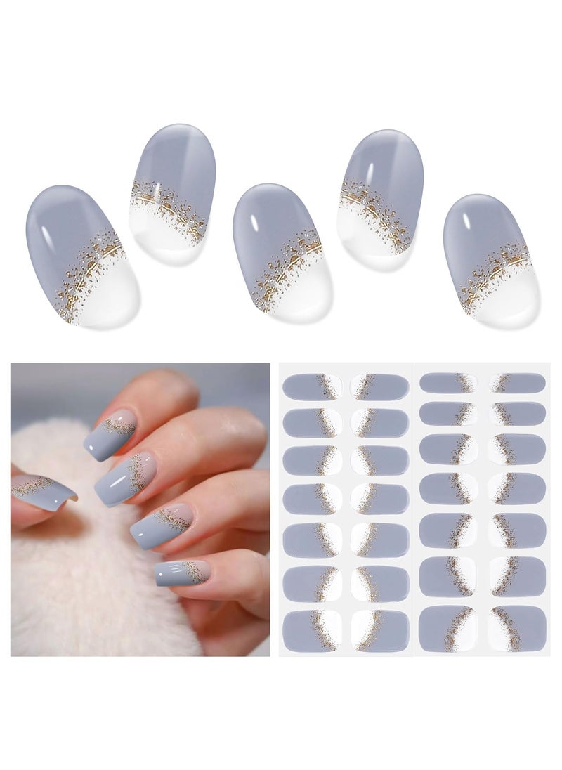 28pcs Semi Cured Gel Nail Strips, Gel Nail Stickers Kit Work with Any UV Nail Lamps, Long Lasting Gel Nail Wraps for Girl Women, Includes Prep Pads, Nail File & Wood Stick(Haze Blue)
