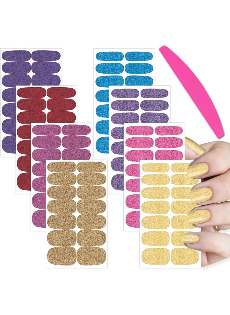 SILPECWEE Glitter Nail Polish Strips Nail Wraps for Women Adhesive Gel Nail Strips Nail Polish Stickers for Nail Art Accessories Fingernail Manicure Sticker with 1pc Nail File (8 Sheets)