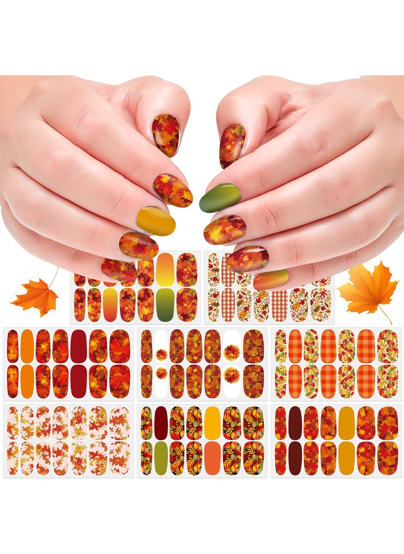 DANNEASY 8 Sheets Fall Nail Wraps for Women Maple Leaf Nail Polish Stickers Stick on Nail Polish Strips Gel Nail Strips Self Adhesive Fingernail Stickers with Nail File, Cuticle Stick