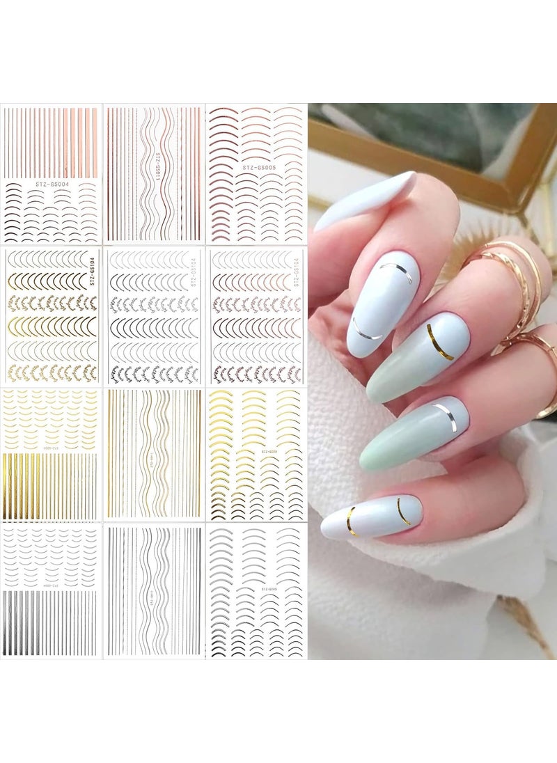 EBANKU 12 Sheets Gold Silver Metal Nail Stickers, Metallic Curve Strip Line Nail Decal Self-Adhesive 3D Wave Design DIY Decoration for Women Girls