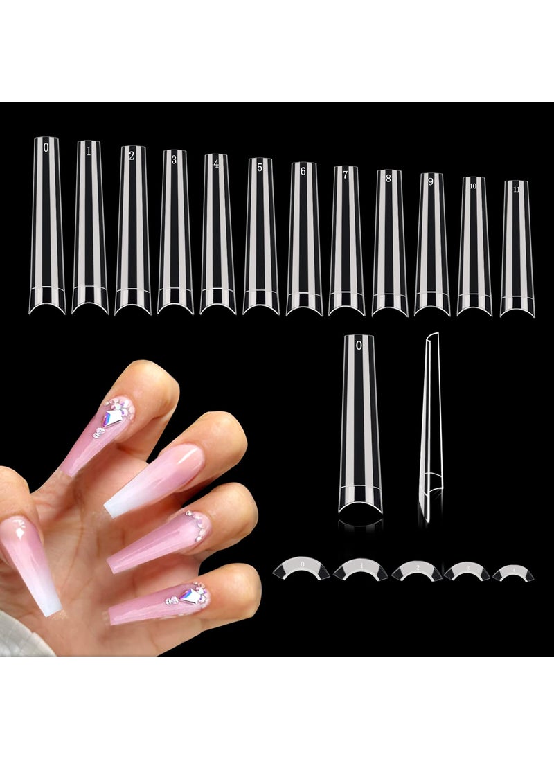 600PCS No C Curve Coffin Nail Tips, XXL Clear Coffin Nail Tips for Acrylic Nails Professional, Long Coffin Nail Tips Half Cover Flattened Acrylic Nail Tips Fake Nails for Nail Salon Home DIY 12 Sizes