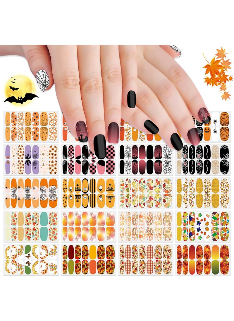 SILPECWEE 20 Sheets Nail Polish Stickers Full Nail Wraps for Women Fall and Halloween Nail Stickers Stick on Nail Polish Strips Gel Fingernail Manicure Design Self Adhesive with Nail File