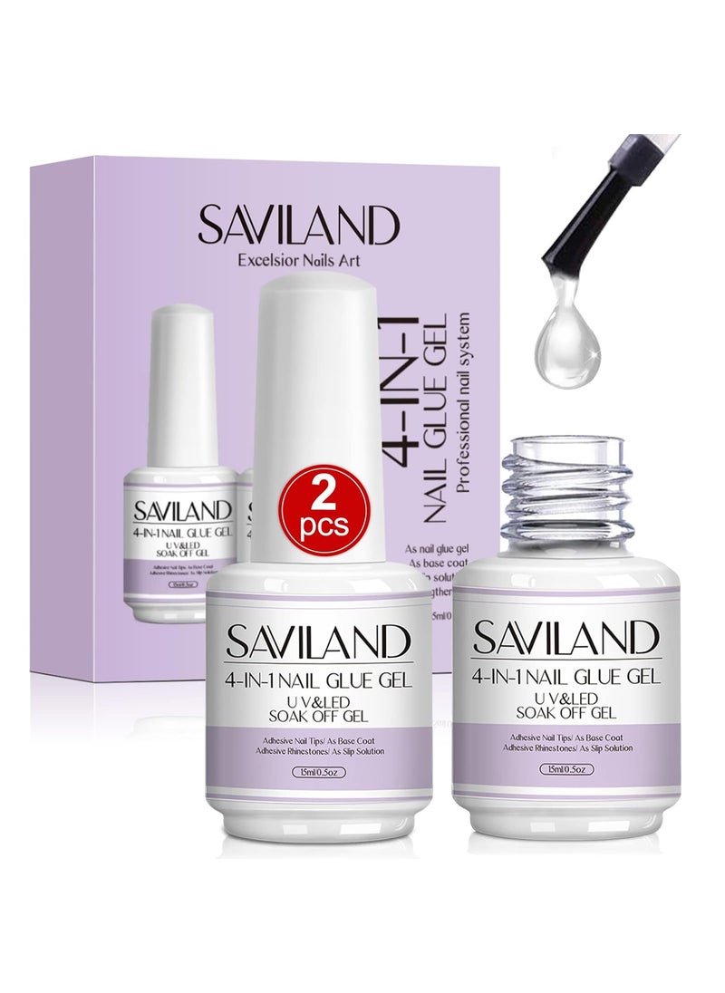 SAVILAND Gel Nail Glue 2 pcs 15 ML, 4-in-1 Glue Gel Set, Upgraded Glue on Nails, Fake & Press on Nails, Gel Base Strengthen for Nails, Replacement for Glue, Nail Repair Treatment