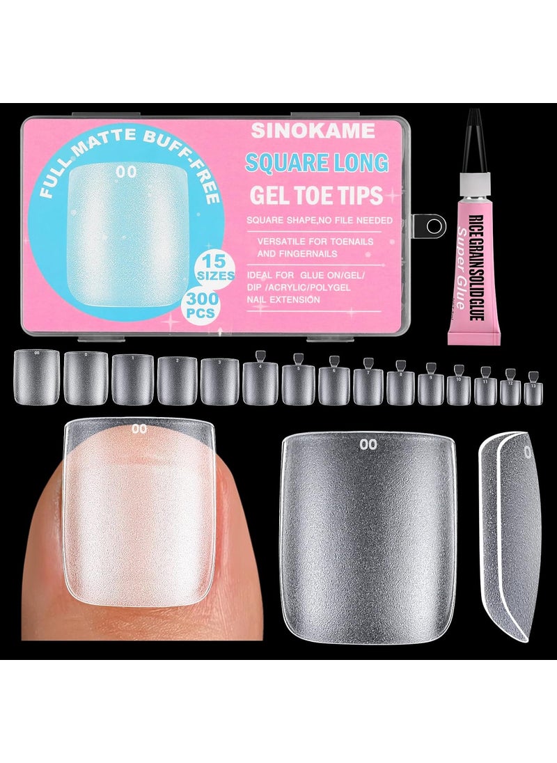 Wider Long Square Toe Nail Tips Full Cover with Glue, SINOKAME No File Matte Toe Nail Press Ons Clear, Soak Off Fake Toenails Extensions DIY Home Manicure Kit for Women &Men,300 Pcs 15 Sizes