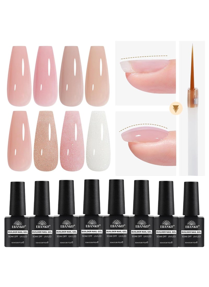 EBANKU Gel Builder for Nails Kit, 8 Colors 8 in 1 Sheer Pink Nude Builder Nail Gel Nail Strengthener Hard Gel for Nail Thickening French Manicure, Ultra-thin Brush in A Bottle, Summer Gifts for Women