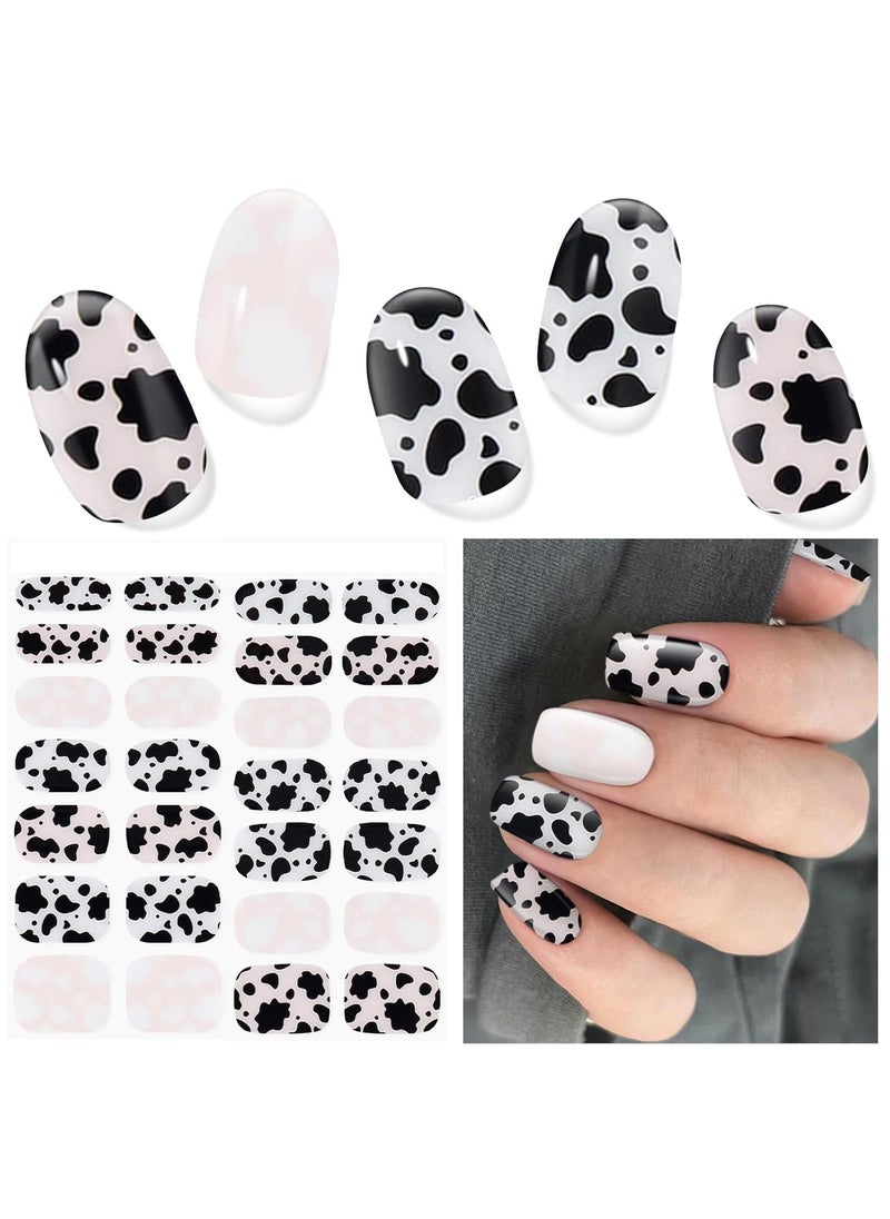 Semi Cured Gel Nail Strips, 28 Pcs UV Gel Nail Stickers, Long Lasting Gel Nail Strips, Salon Quality Gel Nail Wraps for Home, Includes Prep Pads, Nail File & Wood Stick(Cute Dairy Cattle)