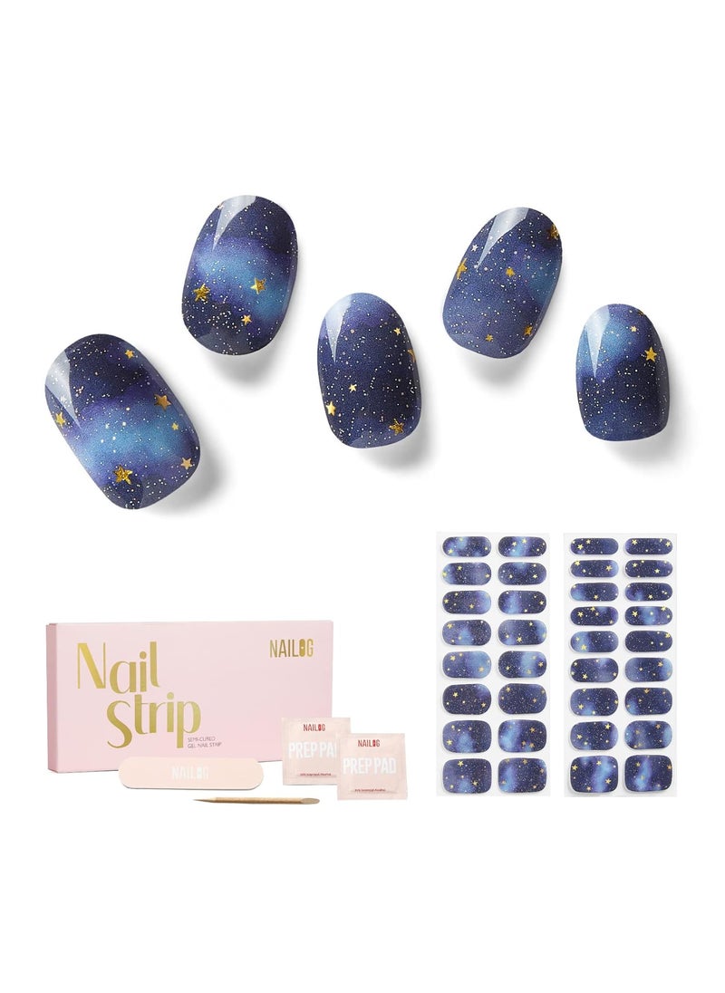 Nailog Semi Cured Gel Nail Strips 34 pcs| Long Lasting Nail Polish Sticker Wraps with Glossy Gel Finish, Starry Night