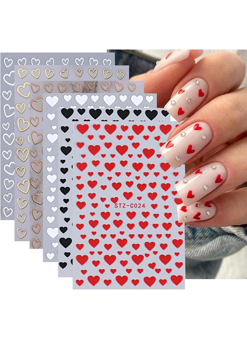 6PCS Heart Nail Stickers -Valentine's Day Nail Art Supplies Love Heart Nail Decals 3D Self Adhesive Heart Nail Art Sticker Heart Love Black Red White Gold Design DIY Valentine Manicure Decor for Women