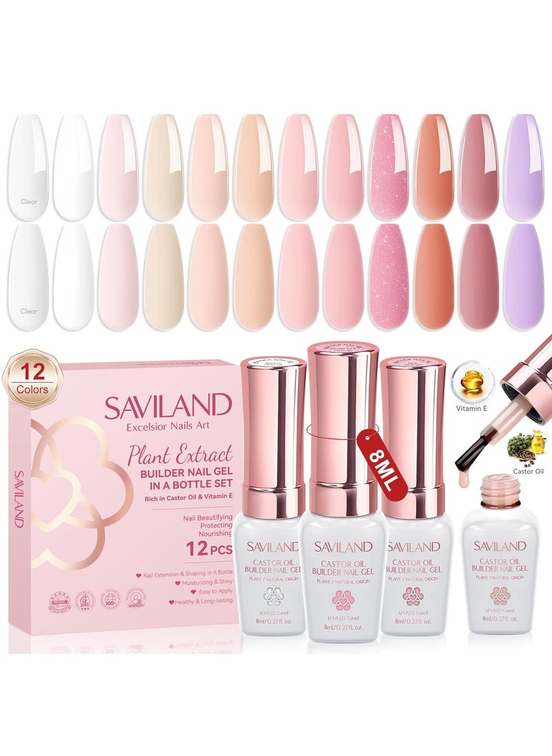 SAVILAND Gel Builder Set: 12 Translucent Colors Castor Oil Builder in a Bottle Vitamin E Hard Gel for Nails Extension Strengthener as Gifts for Women Home DIY Salon Nail Care Repair