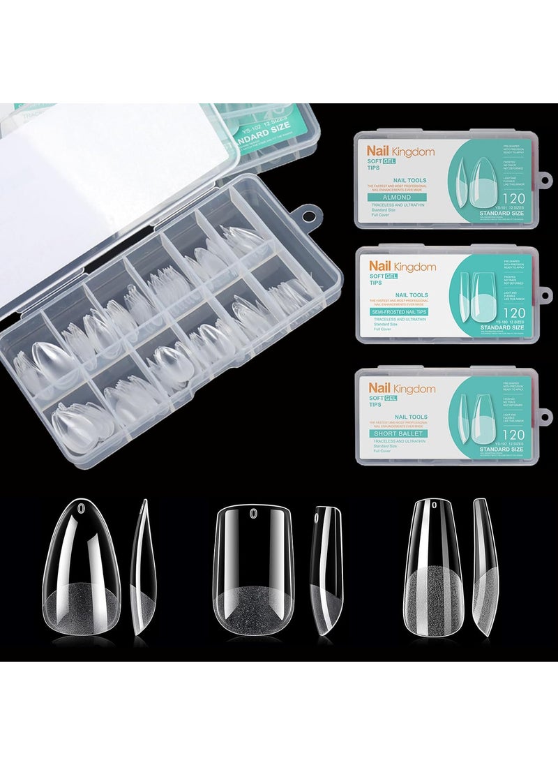 Soft Gel False Nail Tips 3 Styles Kit - Medium Almond, Square and Ballerina, 360PCS Pre-shaped Half Matte Full Cover Acrylic Nail Tips, Nail Extension DIY Manicure Salon Home, 12 Sizes,BlueZOO