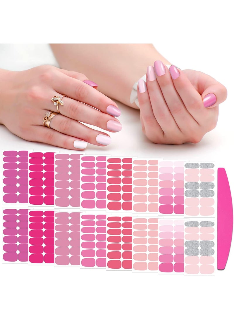 SILPECWEE Pink Nail Wraps for Women Nail Polish Strips Solid Color Glitter Self Adhesive Nail Polish Stickers Gel Nail Strips Fingernail Manicure Stickers with 1pc Nail File (16 Sheets)