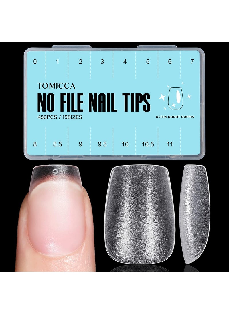 TOMICCA Extra Short Coffin Nail Tips, 450Pcs Full Cover Soft Acrylic Fake Gel Nail Tips for Nail Extension, 15 Sizes Pre-shaped Double-sided Matte with Box