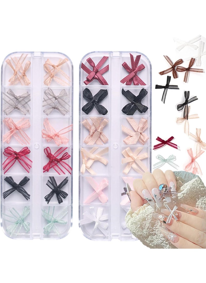 48 Pieces Organza Bow Nail Charms, Lace Tulle Bow Nail Charms, Ribbon Bowknot Charms for Nails, Nail Art Accessories for Women Girls Nail Art Decoration