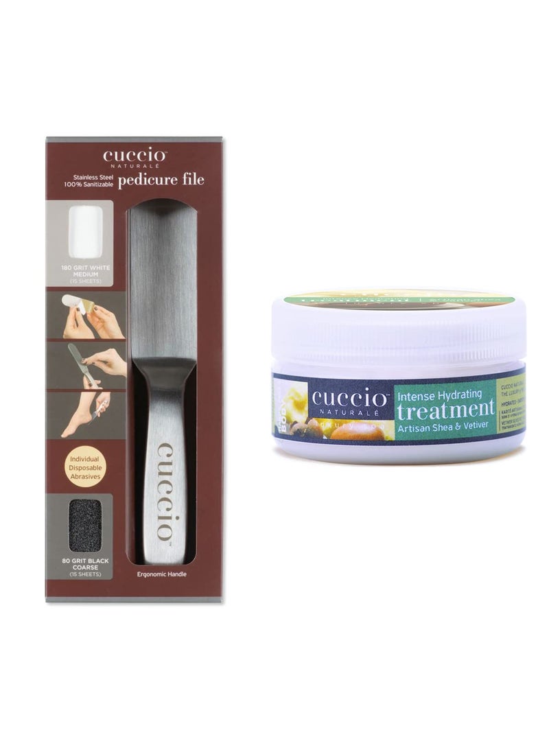 Cuccio Professional Stainless Steel Pedicure File with Artisan Shea Intense Hydrating Lotion 8oz, 2 Piece Set