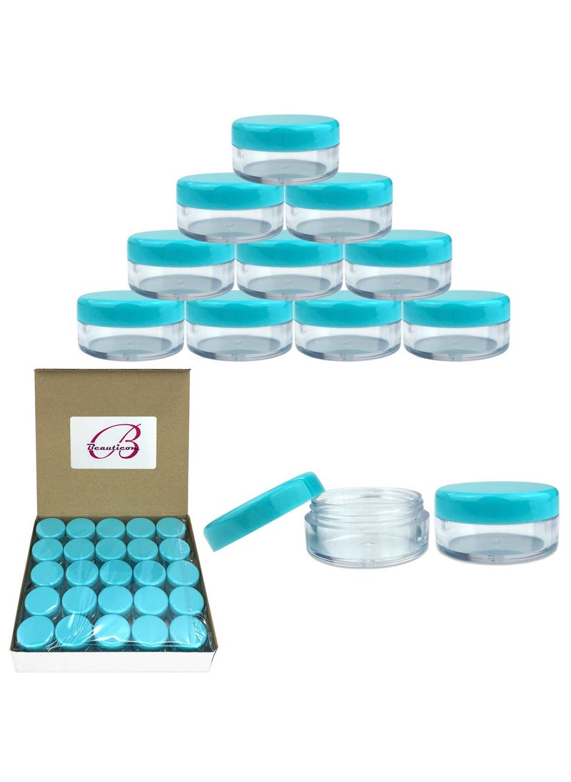 (Quantity: 50 Pieces) Beauticom 5G/5ML Round Clear Jars with Teal Sky Blue Lids for Scrubs, Oils, Toner, Salves, Creams, Lotions, Makeup Samples, Lip Balms - BPA Free