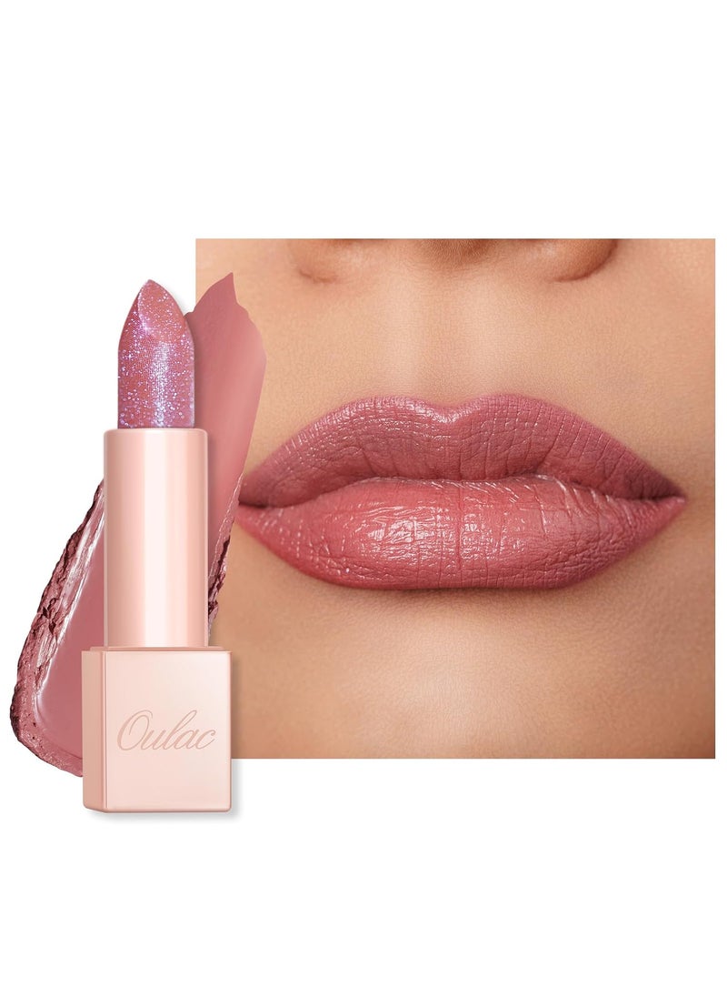 Oulac Moisturizing Pink Lipstick for Women - Tinted Lip Balm with Sparkle, Lightweight Lip Makeup, Mirror Design, Vegan & Gluten Free, PG05 Mystical