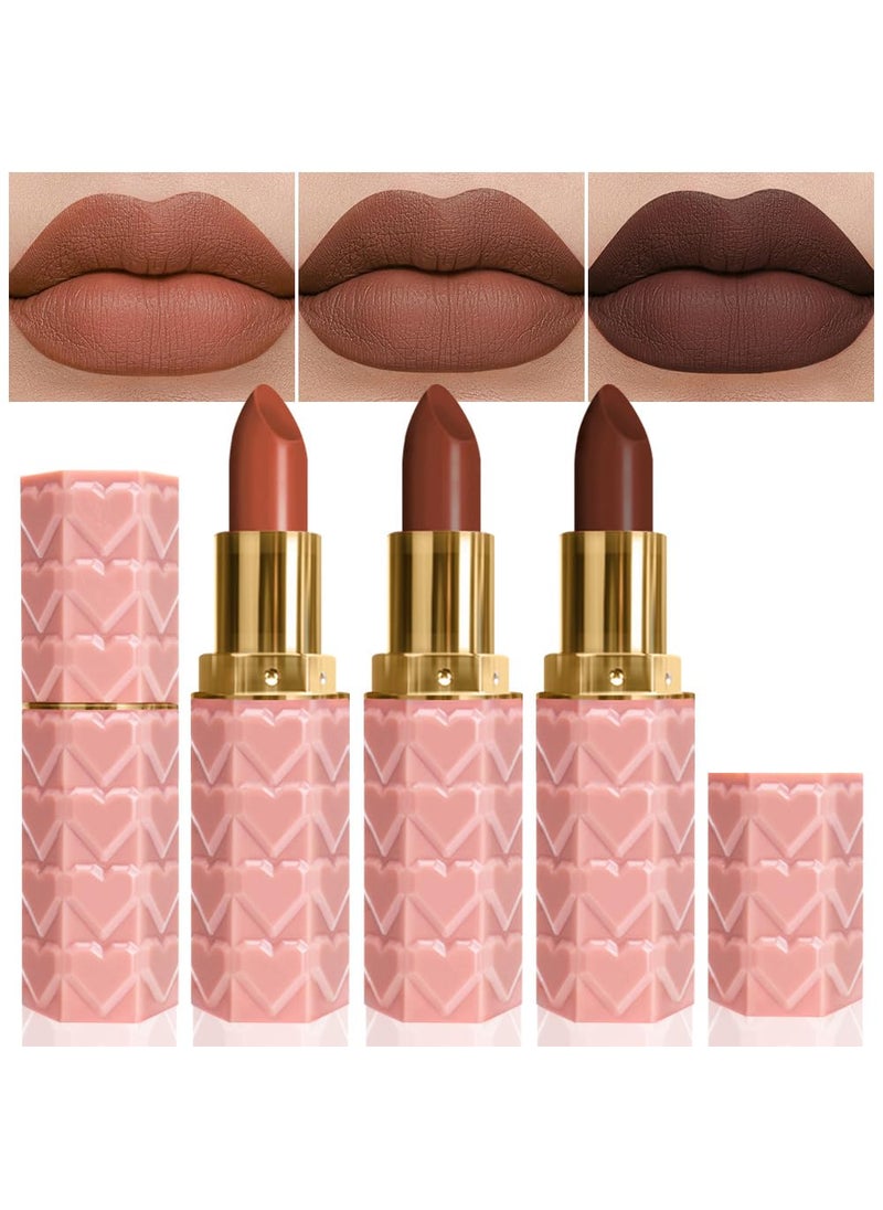 evpct 3Pcs Dark Deep Orange Brown Coffee Nude Matte Lipstick Sets for Women 24 Hour Matt Matte Lipstick Long Lasting Waterproof and Smudge Proof Fall Color Lipstick Shades Dark Brown Lip Liner Set 02