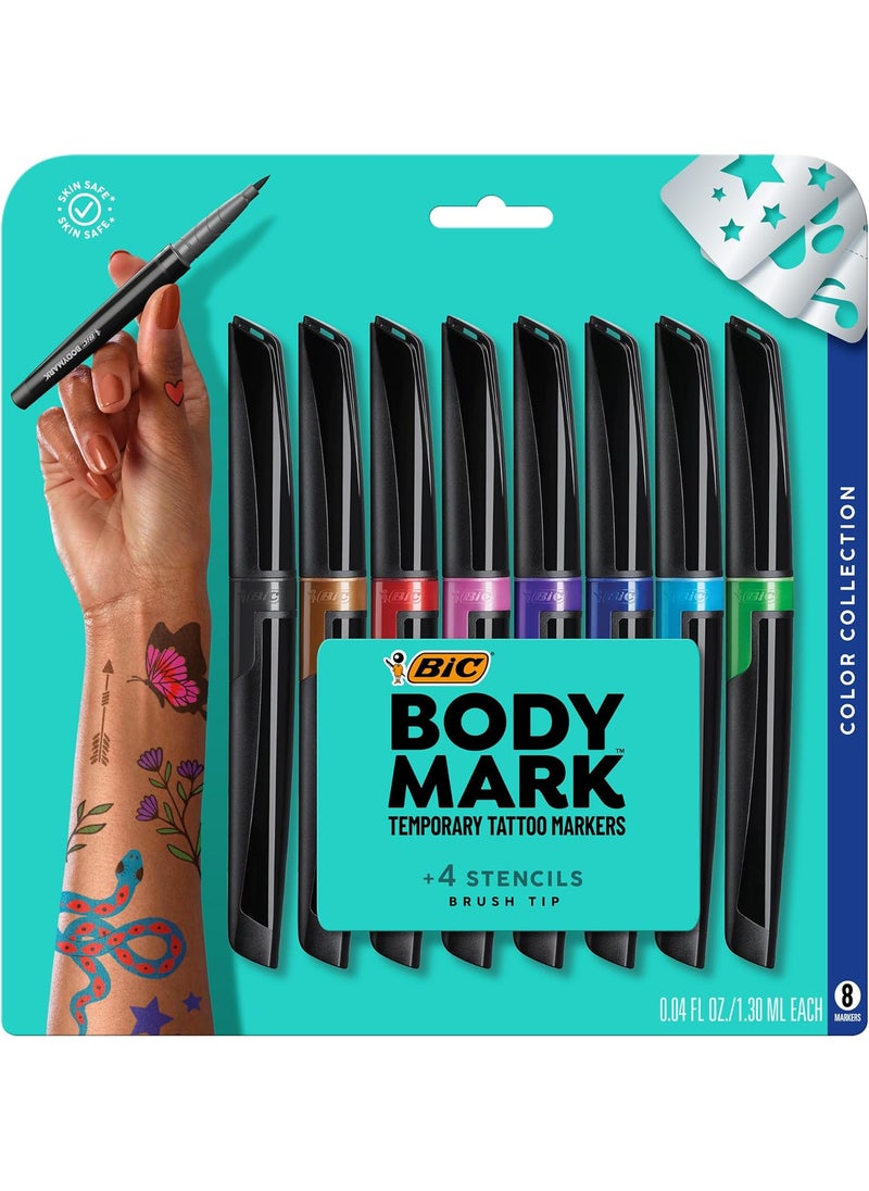 BIC BodyMark Temporary Tattoo Markers, Brush Tip, Assorted Colors, Pack Of 8 Markers