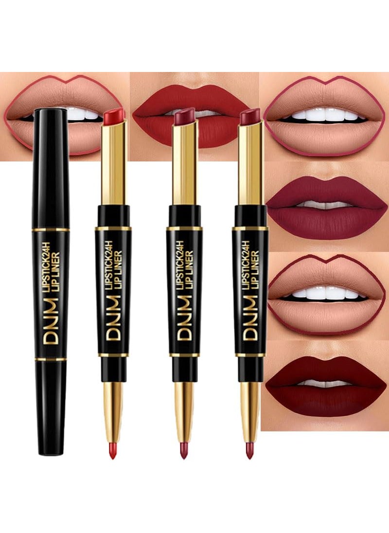 evpct 3Pcs Dark Ruby Wine Red Lip Liner and Lipstick Set Kit for Women DNM Matte Matt 24 Hour Lipstick and with Lip Liner Pencil Set Waterproof Long Lasting 24 labial labiales mate 24 horas originales