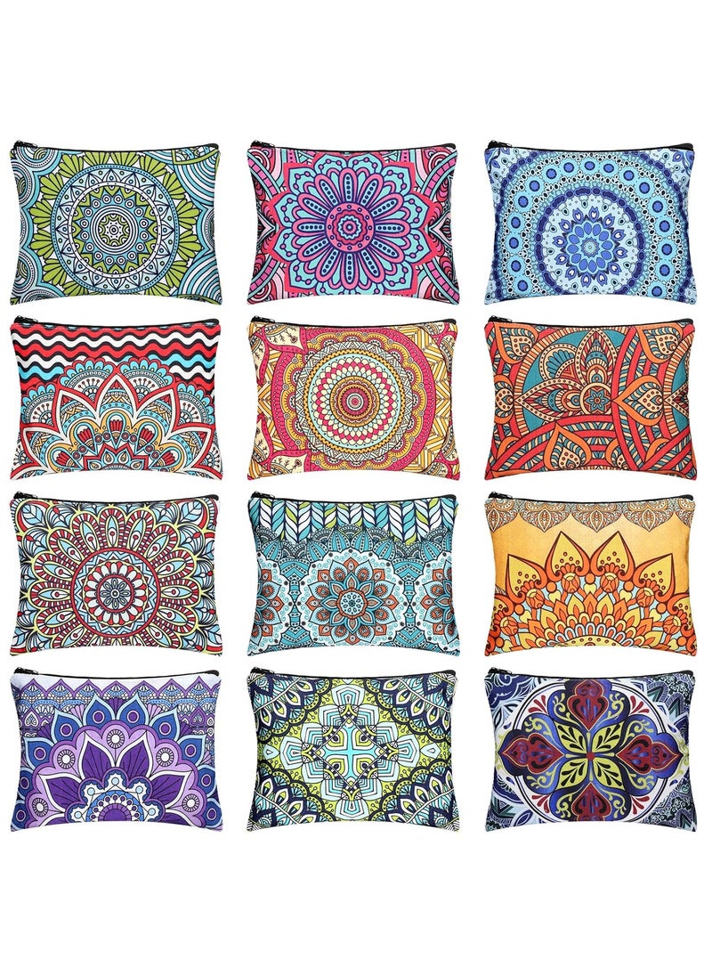 Kajaia 12 Pcs Mandala Canvas Makeup Bags Bulk Canvas Cosmetic Bag for Purse Toiletry Pouch with Zipper Travel Preppy Makeup Organizer 9.25 x 6.9 Inch Mandala Flower Cosmetic Bag Bulk for Women Adults