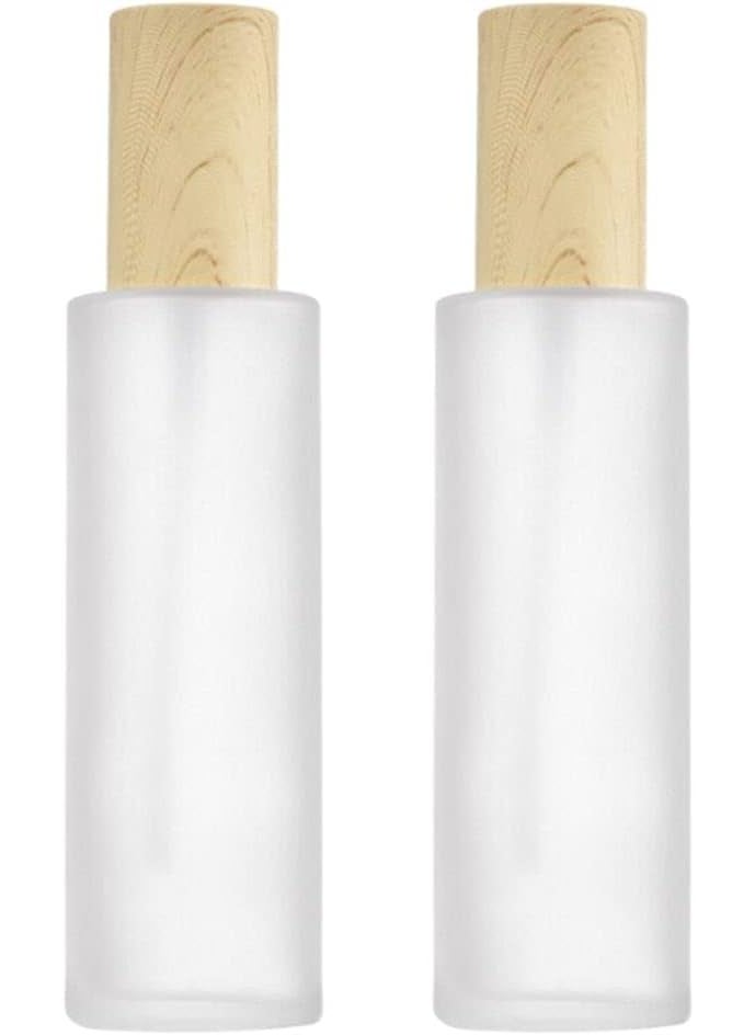 2PCS 120 ml /4 oz Refillable Frosted Glass Emulsion Pump Bottle Cosmetic Lotion Containers with Wood Grain Lid Travel Storage Container for Emulsion Essence Liquid