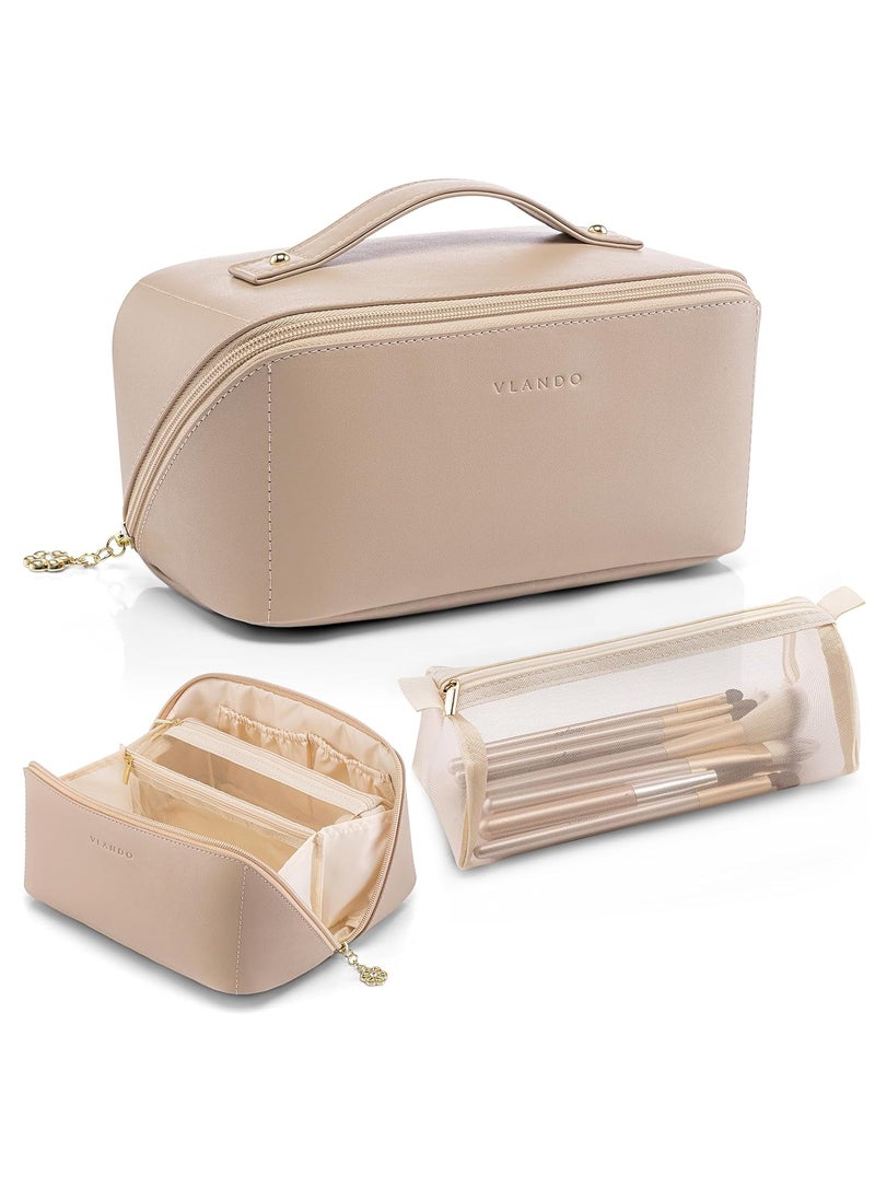 Vlando Makeup Organizer Bag,Travel Makeup Bag for Women Waterproof Portable Cosmetic Bag PU Leather Open Flat Make up Bag for Travel Essentials, Valentines Day Gifts for Women Mom(Toffee)