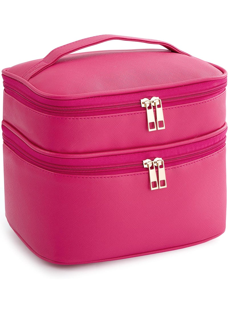 HBlife Double Layer Travel Makeup Bag Portable Cute Leather Cosmetic Bag Large Make Up Bag Makeup Case Organizer Toiletry Bag for Women Girls with Handle and Removable Divider(Hot Pink)