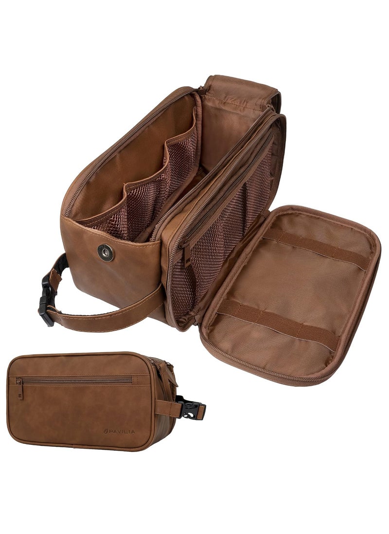 PAVILIA Toiletry Bag for Men, Travel Essentials Shaving Dopp Kit, Mens Travel Bag Toiletries Organizer Case for Grooming, PU Leather Water Resistant Cosmetic Bag Pouch (Brown)