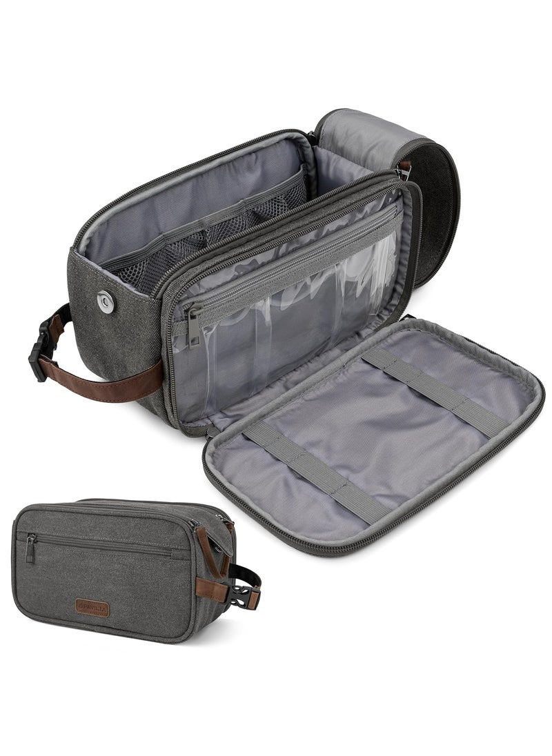 PAVILIA Toiletry Bag for Men Women, Canvas Travel Dopp Kit, Water Resistant Hygiene Bag Toiletries Organizer, Shaving Kit Travel Accessories Bag, Grey