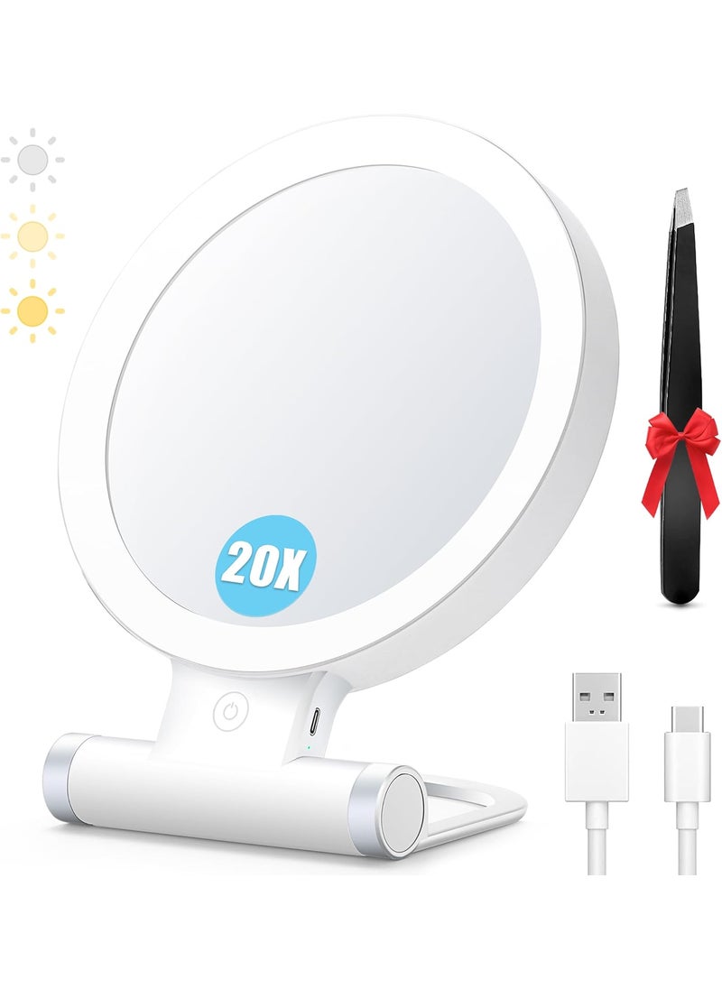 MIYADIVA 20X Magnifying Mirror with Light, Travel Magnifying Mirror, 1X/20X Vanity Mirror with Light, Adjustable Handle Travel Makeup Mirror, Touch Switch Light up Mirror for Plucking Eyebrows