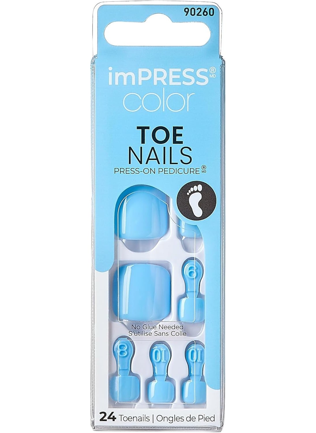 KISS imPRESS Color No Glue Pedi Press-On Toenails, Light Bule, Squoval Shape, Includes 24 Nails, Prep Pad, 1 Manicure Stick, 1 Mini File
