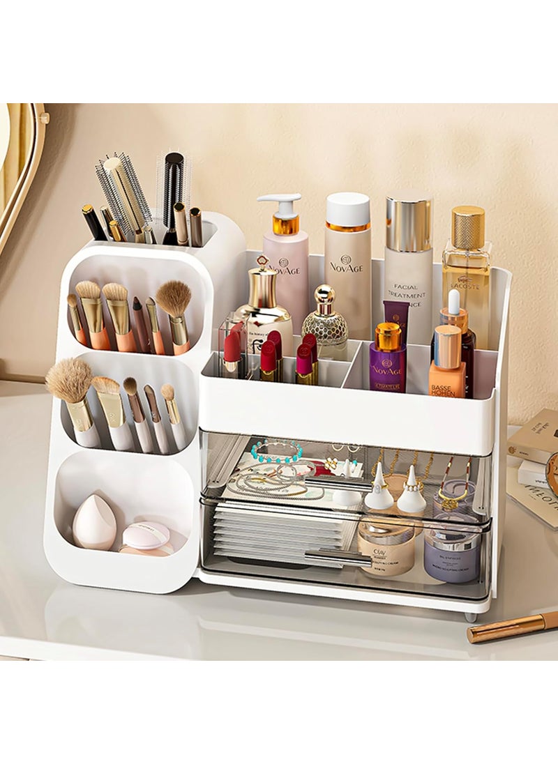 Aveniee Makeup Organizer with Drawers, Vanity Desk Storage Organizer for Bathroom Countertop, Large Skincare Display Case for Perfume Cosmetic Jewelry Lipsticks (White)