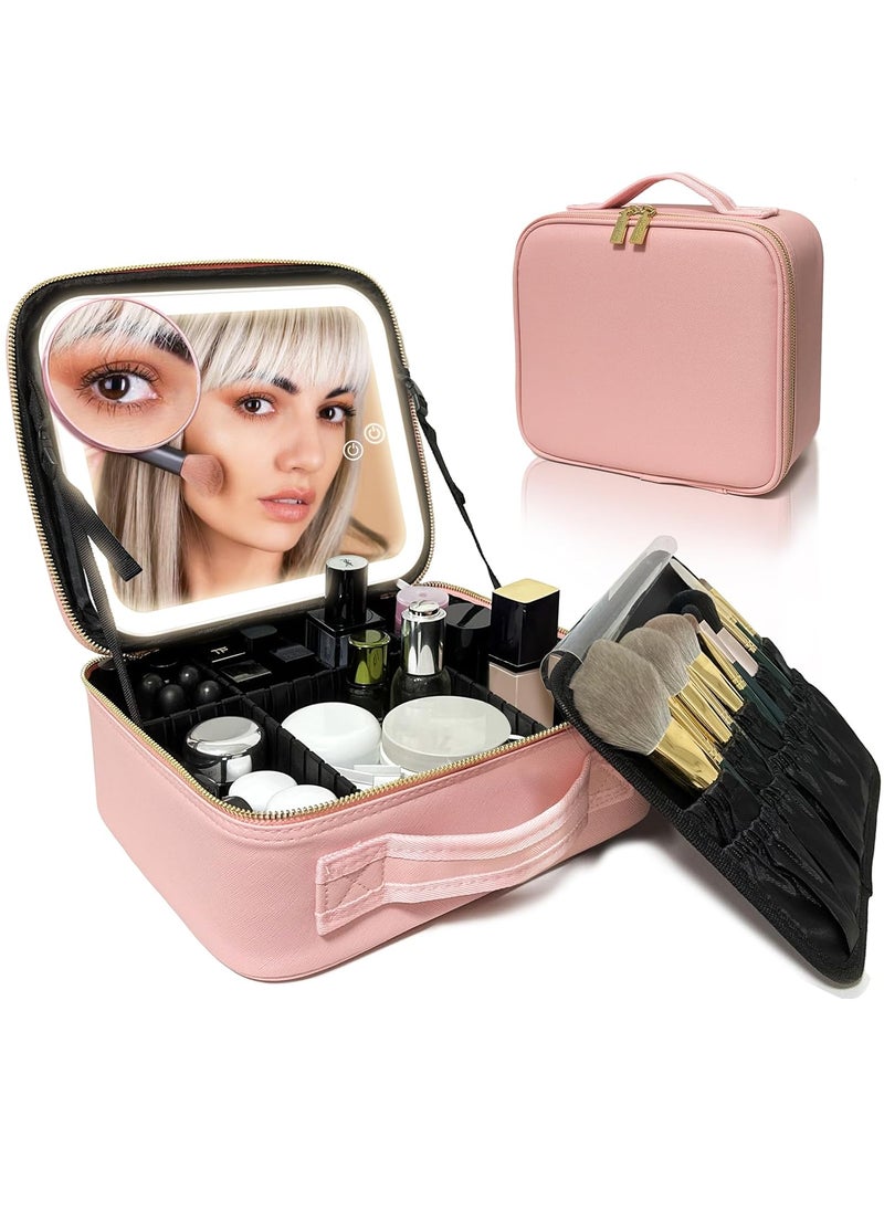 YUSONG Travel Makeup Bag with Mirror of LED Lighted, Makeup Train Case with Adjustable Dividers, Makeup Case with Mirror and Detachable 10x Magnifying Mirror