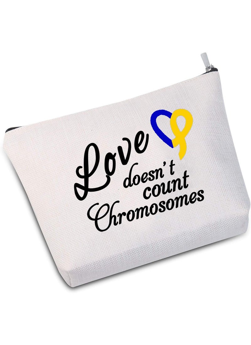 JXGZSO Down Syndrome Awareness Present Down Syndrome Ribbon Love Doesn't Count Chromosomes Makeup Bag (Love Doesn't Count white)