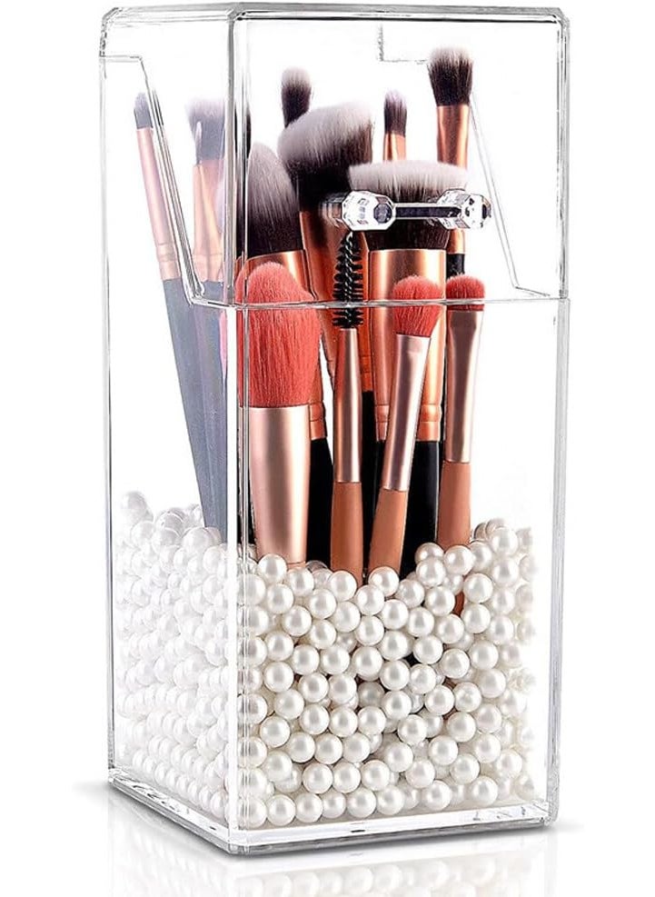 QUUPY Square Acrylic Makeup Brush Holder with Dustproof Lid Cosmetic Brushes Storage Organizer Display Box Case for Bathroom, Bedroom, Vanity, Countertop