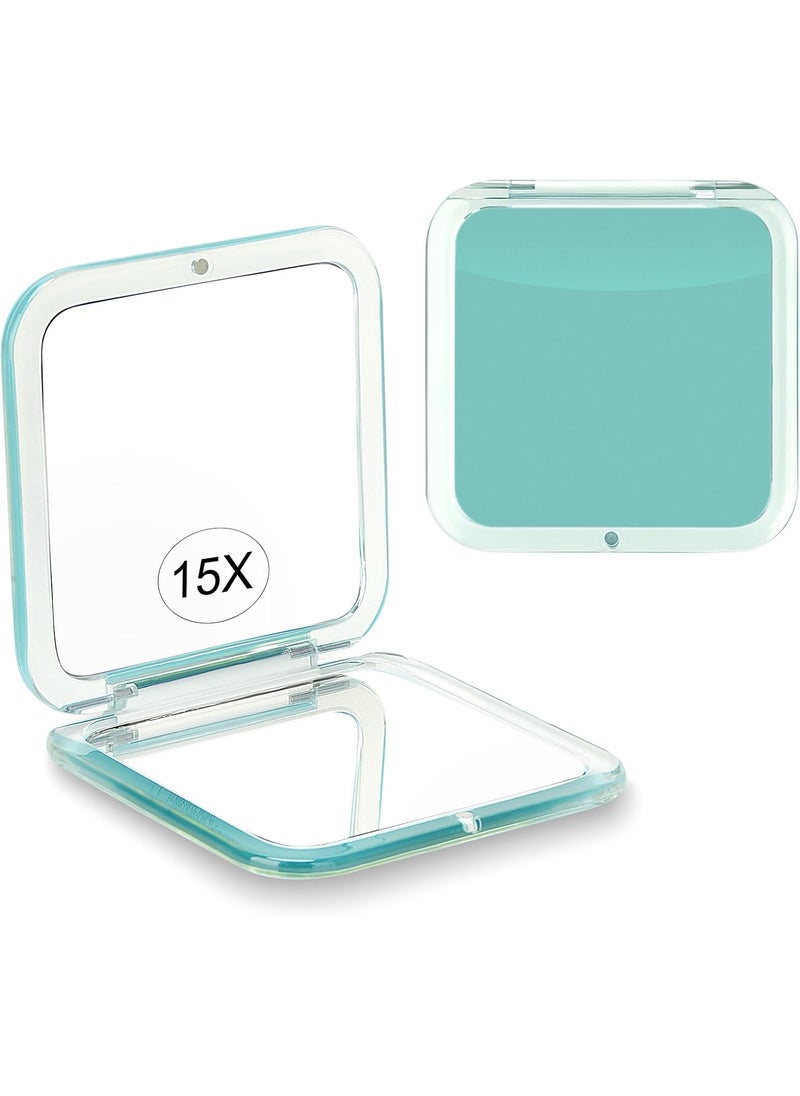Compact 15X Magnifying Makeup Mirror for Travel, Small Pocket Mirror-Handheld, Foldable & Portable 2-Sided with 15X Magnifying and 1X Mirror for Purses - Square 3.3 x 3.3 inch (Green)